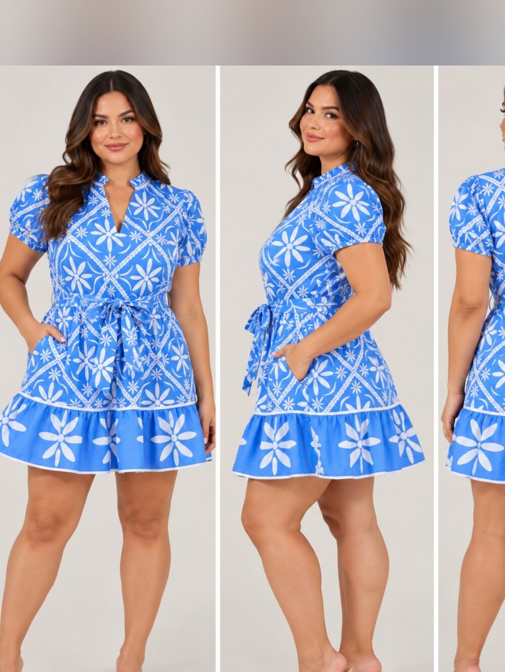 Sugarlips Blue & White Floral Tie-Waist Mini Dress